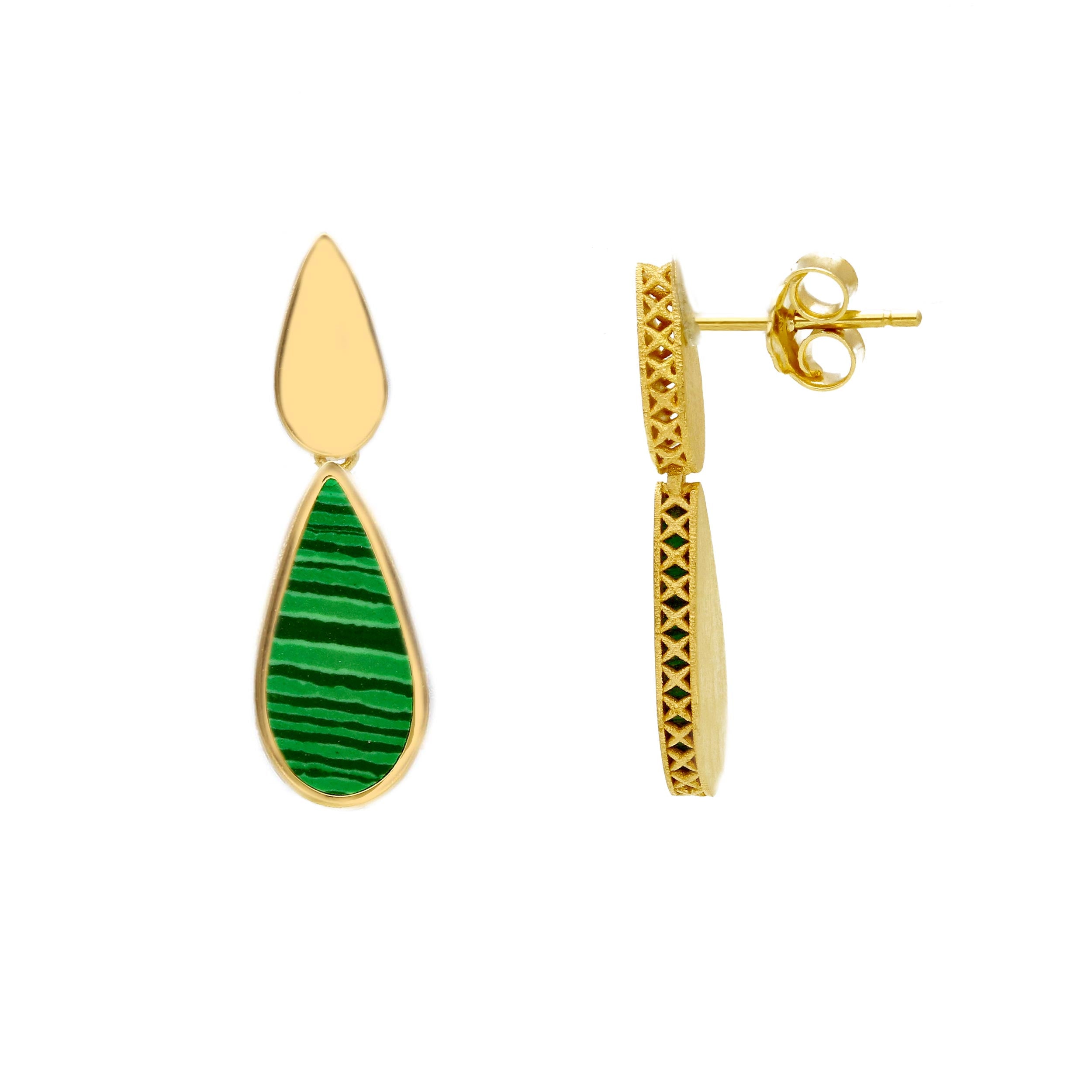 Damen Ohrhänger in 750/18 Karat Gelbgold mit Malachit, Grüner Glanz - 276068