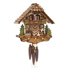 Mechanische Kuckucksuhr Mühlrad, Holzhacker, Hund und Tänzer, 35cm