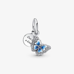 Pandora Doppelter Charm-Anhänger: Blauer Schmetterling & Spruch