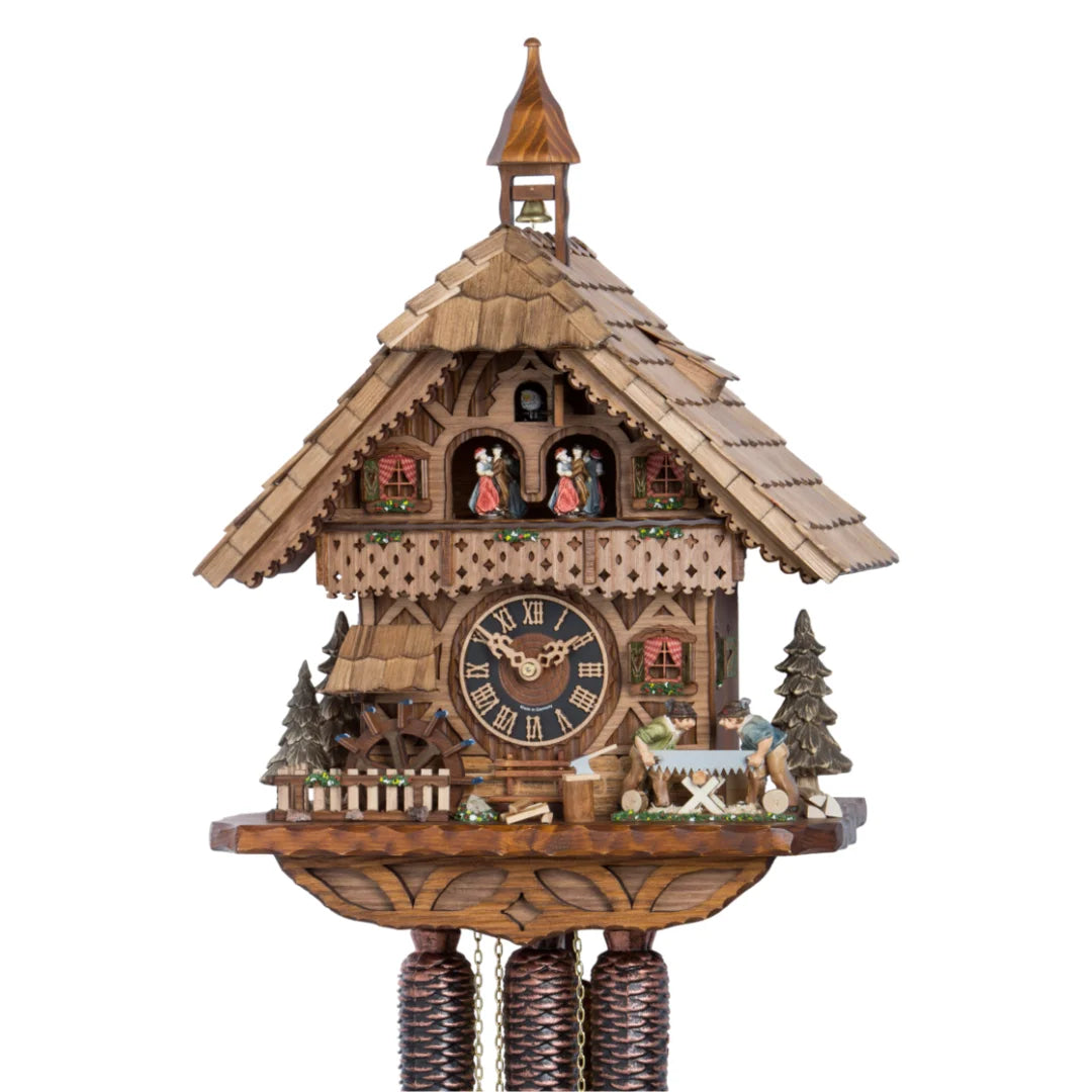 Mechanische Kuckucksuhr Bewegende Figuren, Tanzfiguren und Wasserrad, 51cm