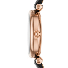 Fossil Carlie 28 MM Quarz Damenuhr in Roségold Schwarz, Lederband - ES4700