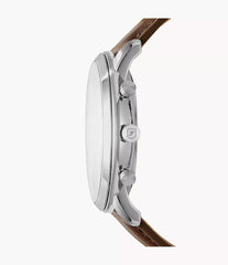 Fossil Neutra Chronograph Herrenuhr Silber mit cremefarbenem Zifferblatt und braunem Lederarmband 44 mm – FS5380