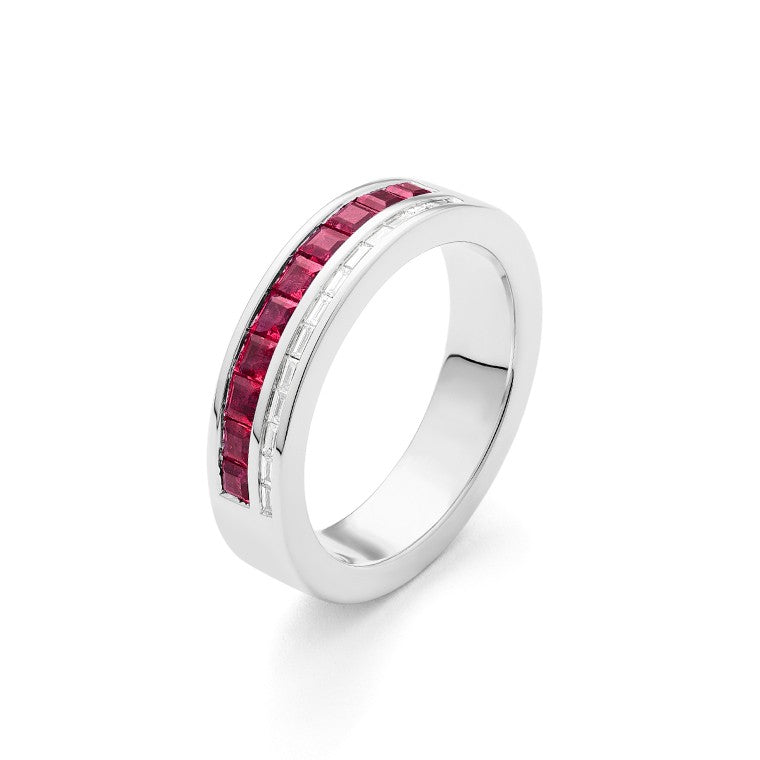 Facet Cnc Ring halbgefasster Memoirering in 750/18 Karat Weissgold mit Rubin