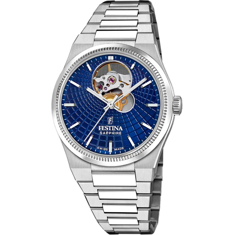 Festina Swiss Rivé Open Heart 35 Silber / Blau Damenuhr - F20054/5