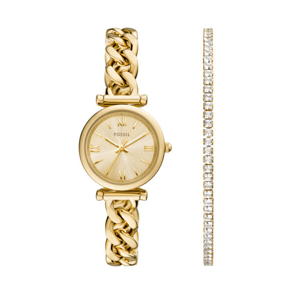 Fossil Carlie Gold 28mm Edelstahl 3-Zeiger Gift Set Damenuhr - ES5387SET