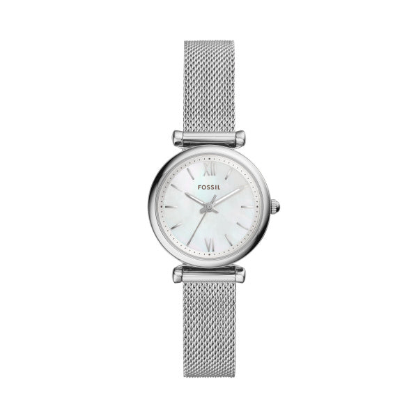 Fossil Carlie Quarz Silber Perlmutt 28 mm Mesh Edelstahl Damenuhr - ES4432