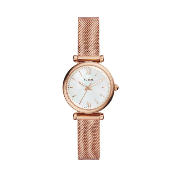 Fossil Carlie Damenuhr - Roségold MOP Mesh 28mm Quarz - ES4433