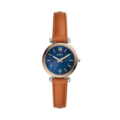 Fossil Carlie Quarz 28 MM Damenuhr in Silber Blau, Lederband - ES4701