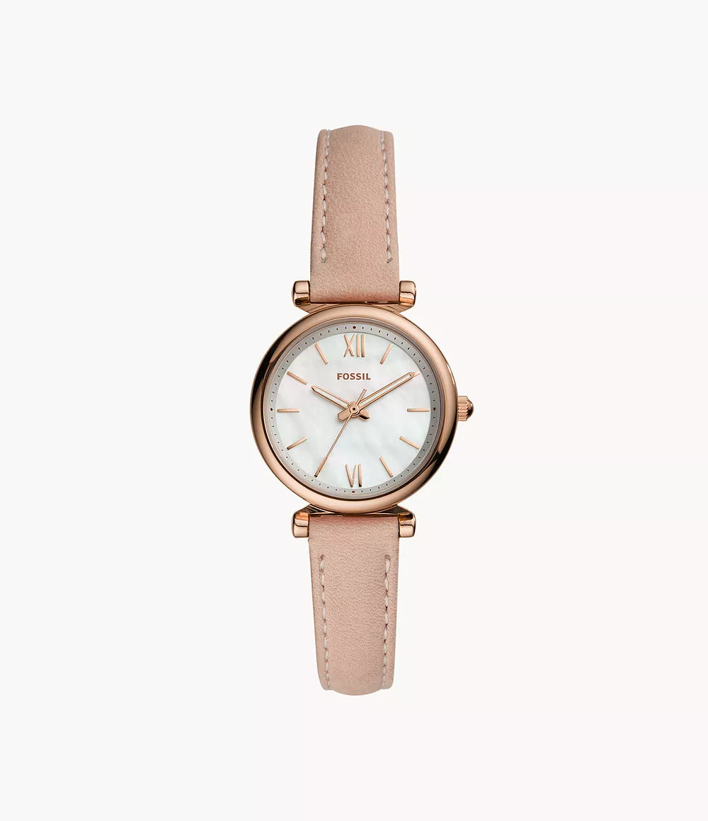 Fossil Carlie Mini Damenuhr Roségold mit Perlmuttzifferblatt und roséfarbenem Lederarmband 28 mm 