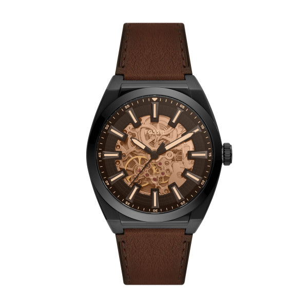 Fossil Everett Automatik 42 MM Herrenuhr in Schwarz/Braun aus Lederband - ME3207