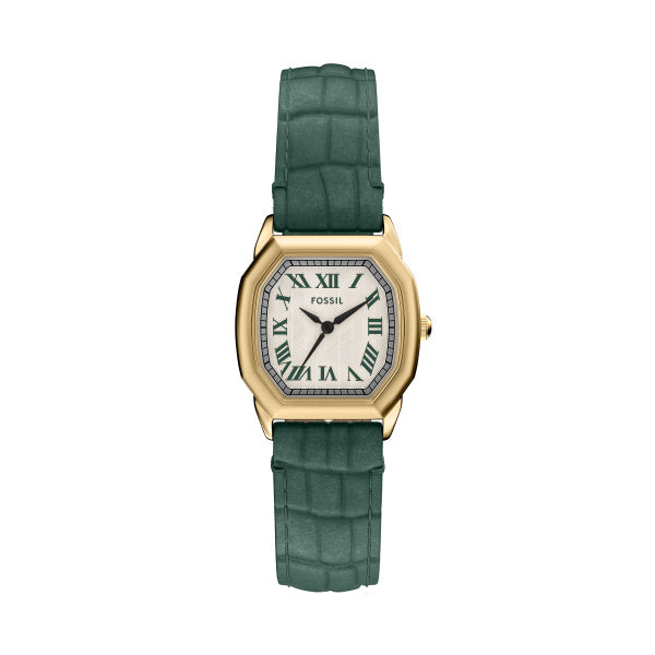 Fossil Harlow Quarz 27 MM Damenuhr in Gold Grün, Lederband - ES5427