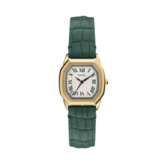 Fossil Harlow Quarz 27 MM Damenuhr in Gold Grün, Lederband - ES5427