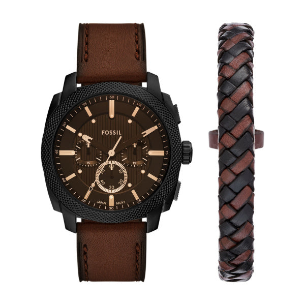 Fossil Machine Schwarz Braun 44mm Leder Chronograph Herrenuhr - FS6102SET