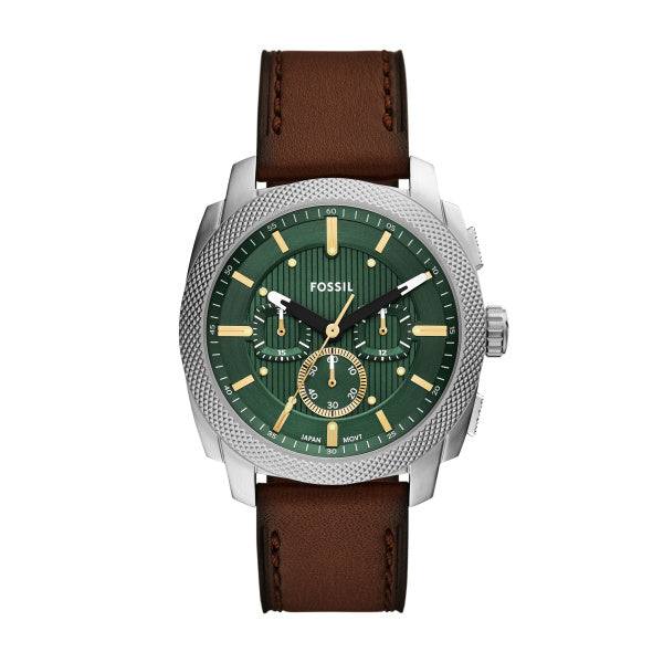 Fossil Machine 44mm Leder Chronograph Herrenuhr in Silber, Grün - FS6100