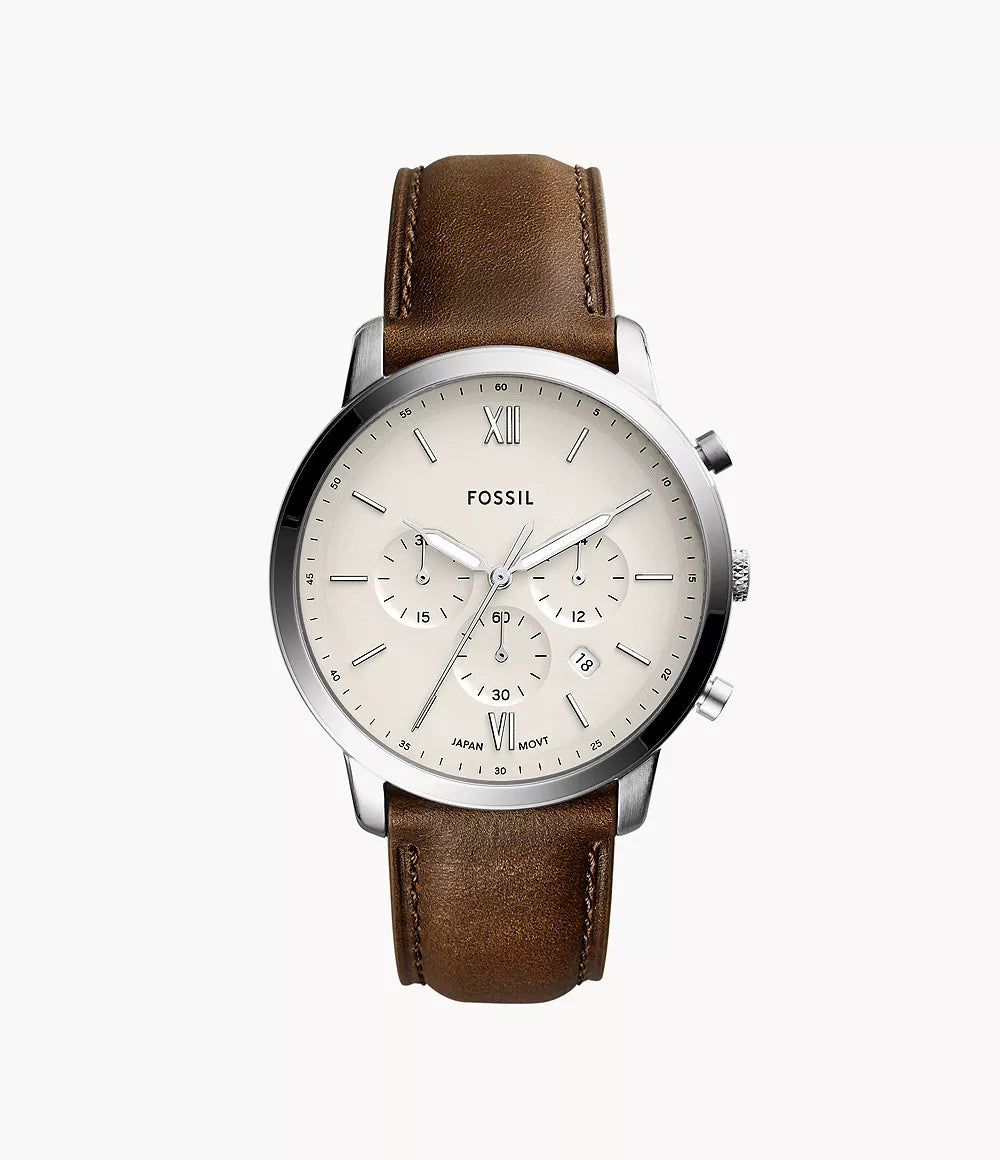 Fossil Neutra Chronograph Herrenuhr Silber mit cremefarbenem Zifferblatt und braunem Lederarmband 44 mm 