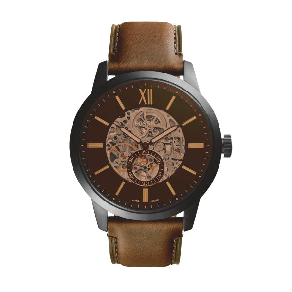 Fossil Townsman Automatik 48mm Herrenuhr mit Lederband in Schwarz/Braun - ME3155