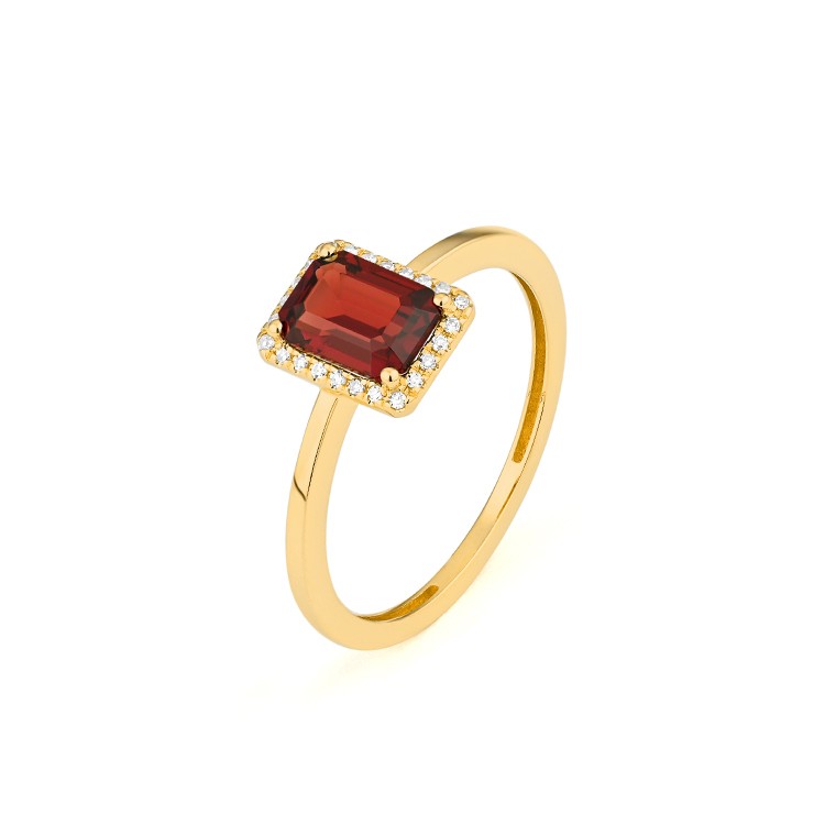 Ring in 18 Karat Gelbgold mit gefassten Diamanten und einem Granat - R2880020GYN14