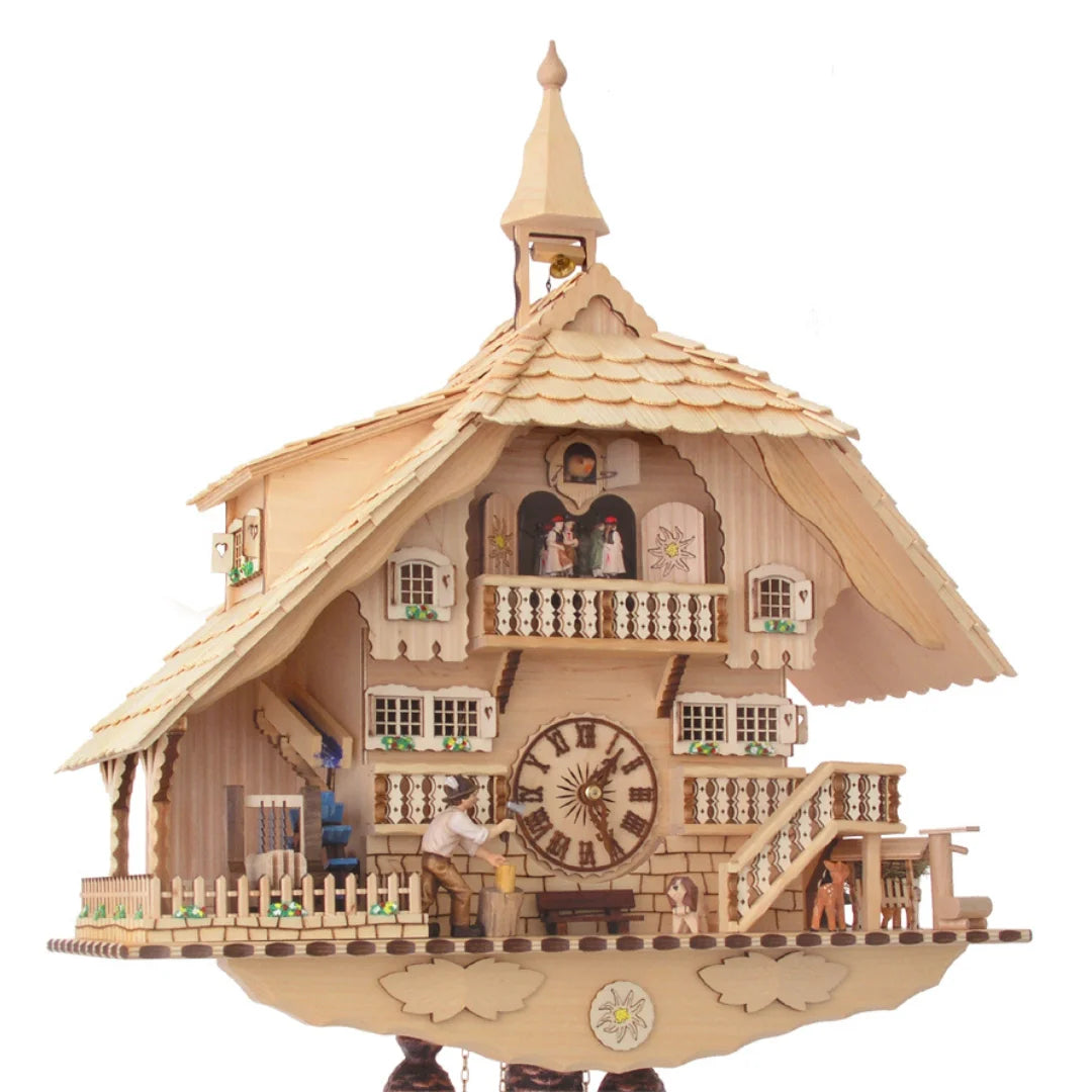 Mechanische Kuckucksuhr Holzhacker, Wasserrad und Tänzer, 58cm