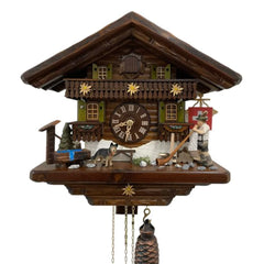 Mechanische Kuckucksuhr Alphornbläser, Brunnen und Hund, 29cm