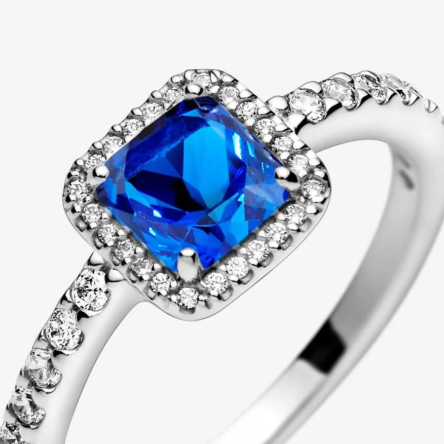 Pandora Ring: Blauer Quadrat-Strahlenkranz - Sterling-Silber