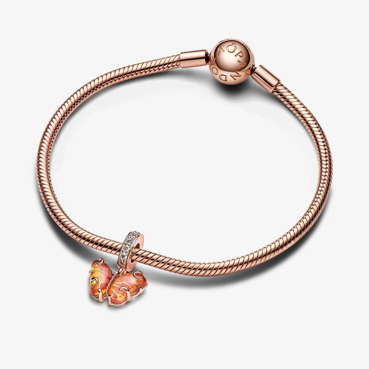 Pandora Charm-Anhänger: Rosafarbener & Gelber Murano-Glas Schmetterling