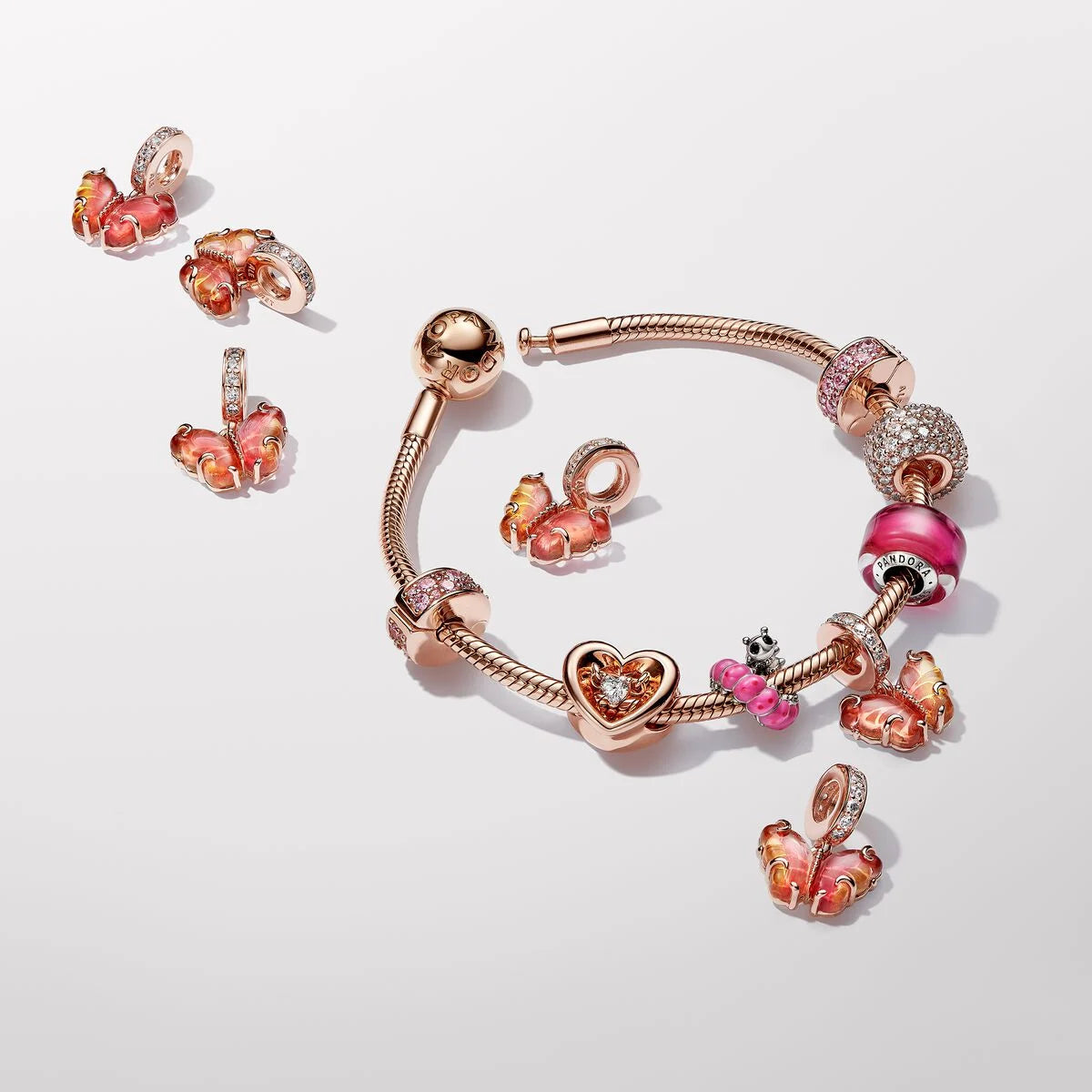 Pandora Charm-Anhänger: Rosafarbener & Gelber Murano-Glas Schmetterling