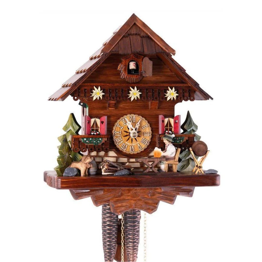 Mechanische Kuckucksuhr Hund, Edelweiss und Bierfass, 28cm
