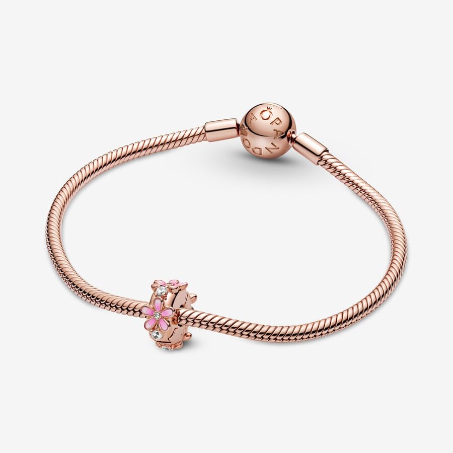 Pandora Zwischenelement: Gänseblümchen - Rosévergoldet, Rosa Emaille
