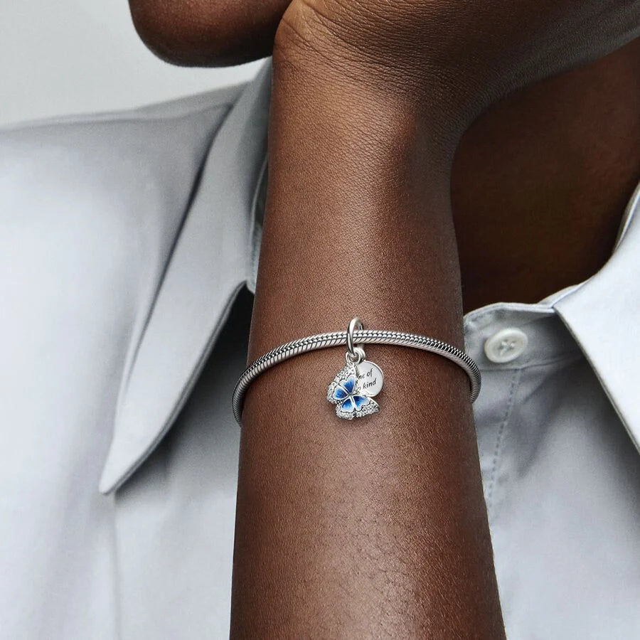 Pandora Doppelter Charm-Anhänger: Blauer Schmetterling & Spruch