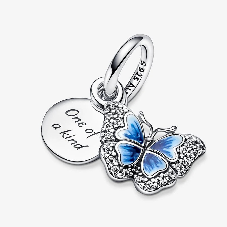 Pandora Doppelter Charm-Anhänger: Blauer Schmetterling & Spruch