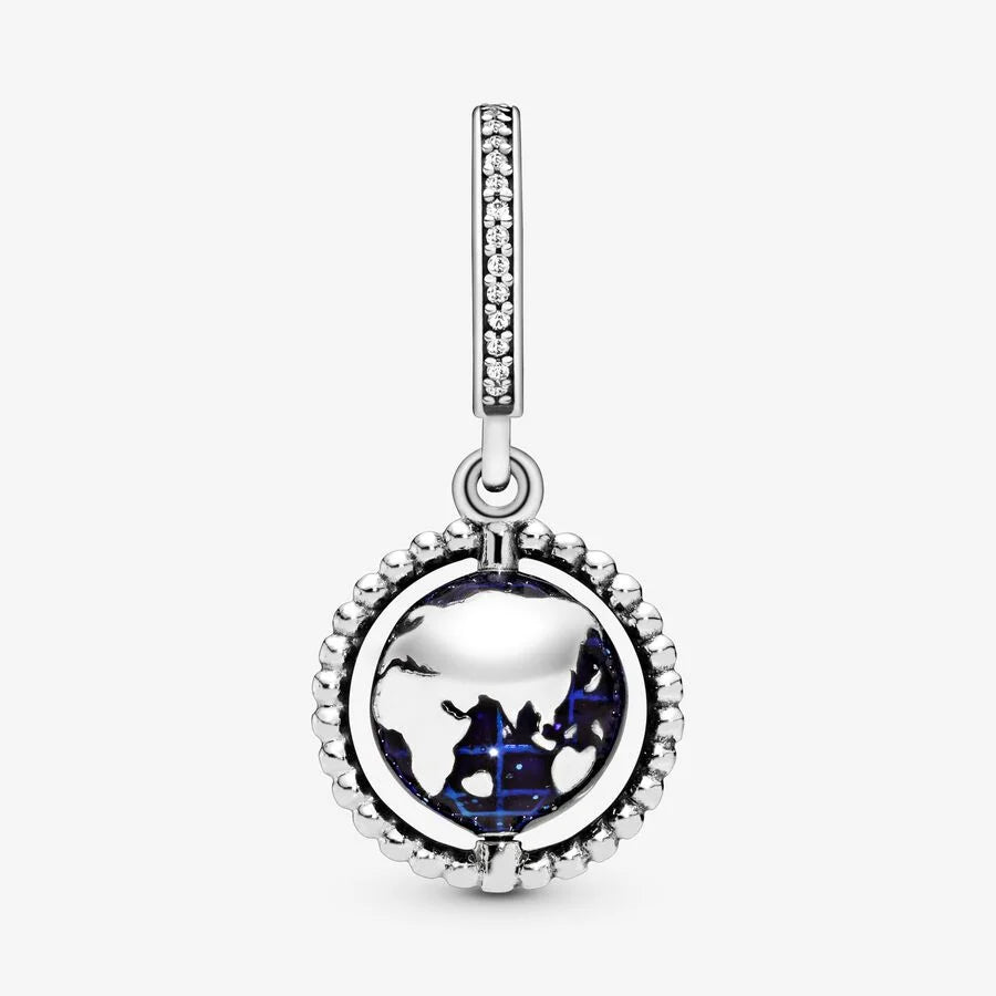 Pandora Charm-Anhänger: Rotierende Weltkugel - Cubic Zirkonia, Blau Emaille