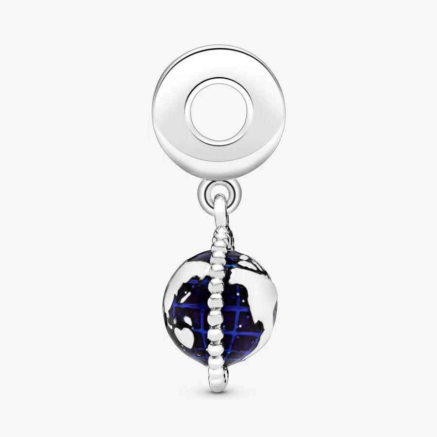 Pandora Charm-Anhänger: Rotierende Weltkugel - Cubic Zirkonia, Blau Emaille