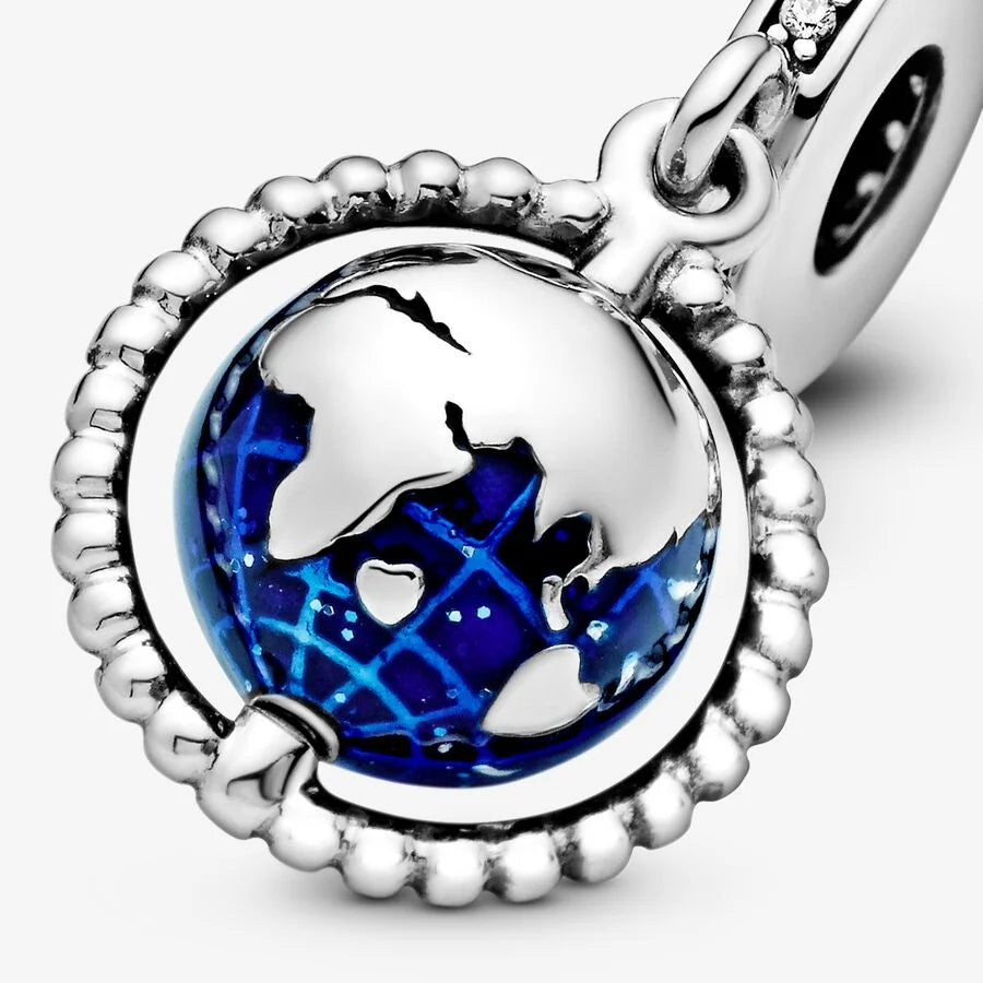 Pandora Charm-Anhänger: Rotierende Weltkugel - Cubic Zirkonia, Blau Emaille