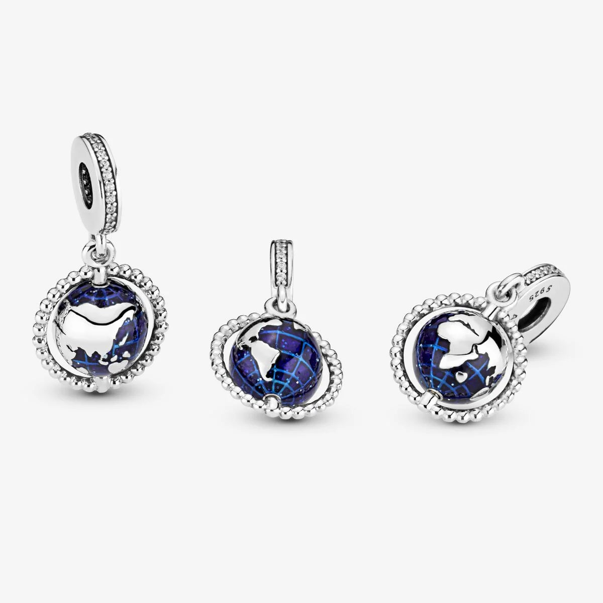 Pandora Charm-Anhänger: Rotierende Weltkugel - Cubic Zirkonia, Blau Emaille