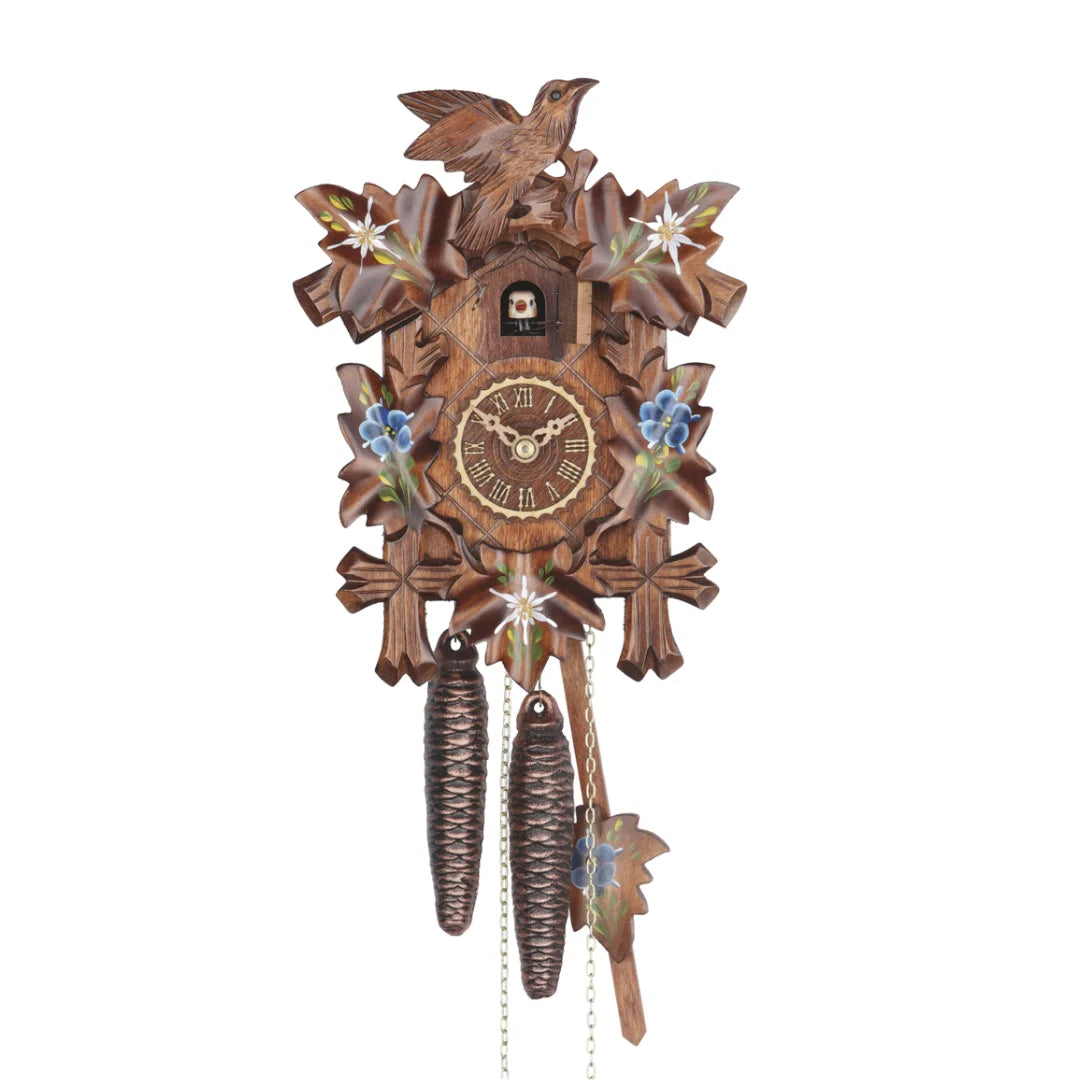 Kuckuck Mechanisch Uhr mit handgeschnitztem Vogel- und Blumenmuster auf Blättern