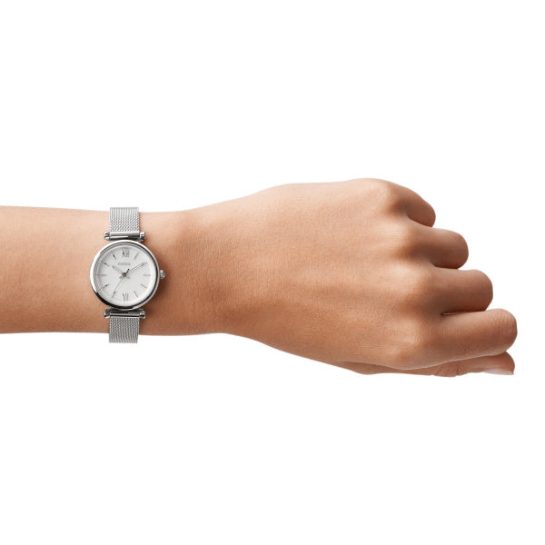 Fossil Carlie Quarz Silber Perlmutt 28 mm Mesh Edelstahl Damenuhr - ES4432