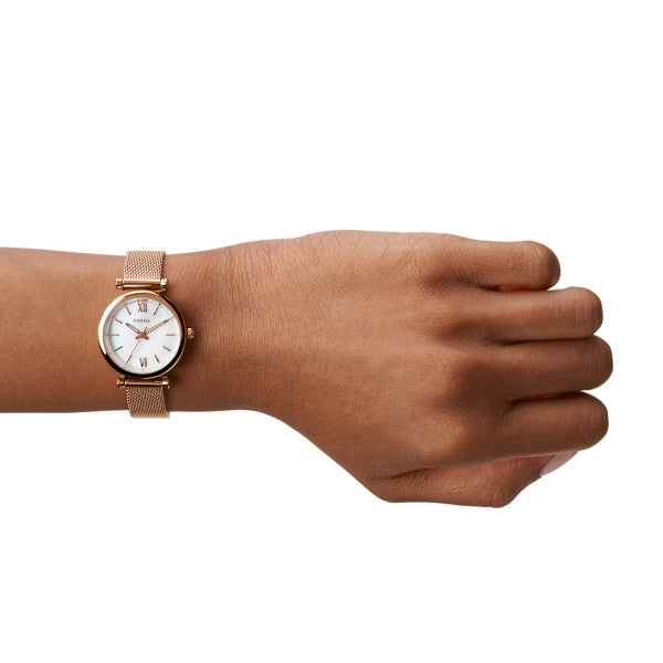 Fossil Carlie Damenuhr - Roségold MOP Mesh 28mm Quarz - ES4433