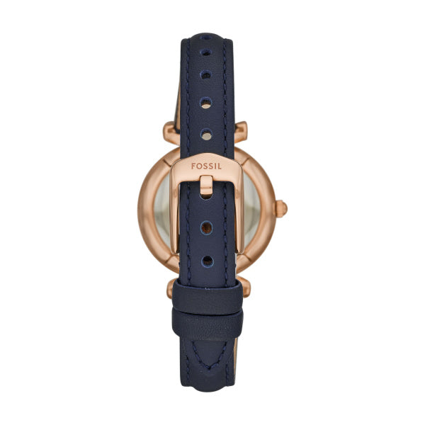 Fossil Carlie Damenuhr - Roségold Blau, Leder, MOP, 28mm, Quarz - ES4502