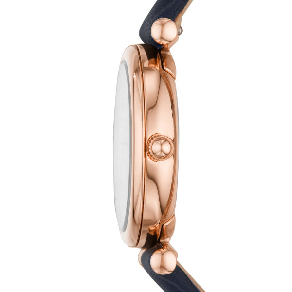 Fossil Carlie Damenuhr - Roségold Blau, Leder, MOP, 28mm, Quarz - ES4502