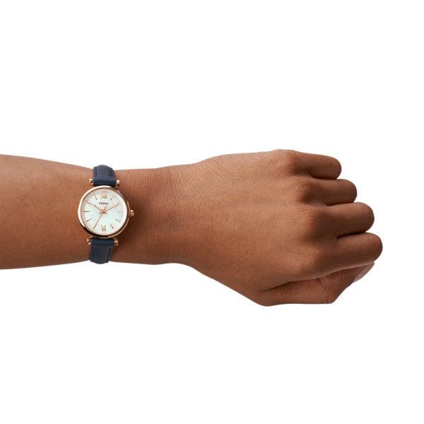 Fossil Carlie Damenuhr - Roségold Blau, Leder, MOP, 28mm, Quarz - ES4502