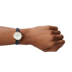 Fossil Carlie Damenuhr - Roségold Blau, Leder, MOP, 28mm, Quarz - ES4502