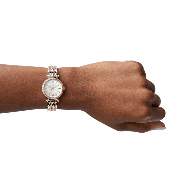 Fossil Carlie Quarz 3-Zeiger 28 MM Damenuhr in Silber 2-Tone MOP - ES4649