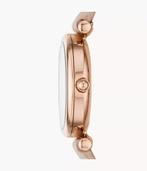 Fossil Carlie Mini Damenuhr Roségold mit Perlmuttzifferblatt und roséfarbenem Lederarmband 28 mm – ES4699