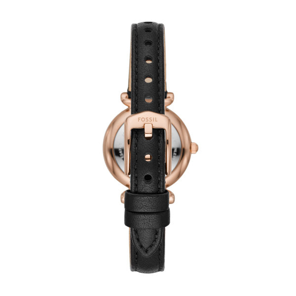 Fossil Carlie 28 MM Quarz Damenuhr in Roségold Schwarz, Lederband - ES4700