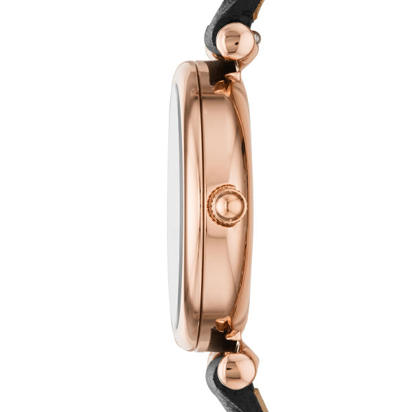 Fossil Carlie 28 MM Quarz Damenuhr in Roségold Schwarz, Lederband - ES4700