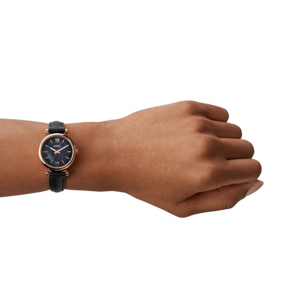 Fossil Carlie 28 MM Quarz Damenuhr in Roségold Schwarz, Lederband - ES4700