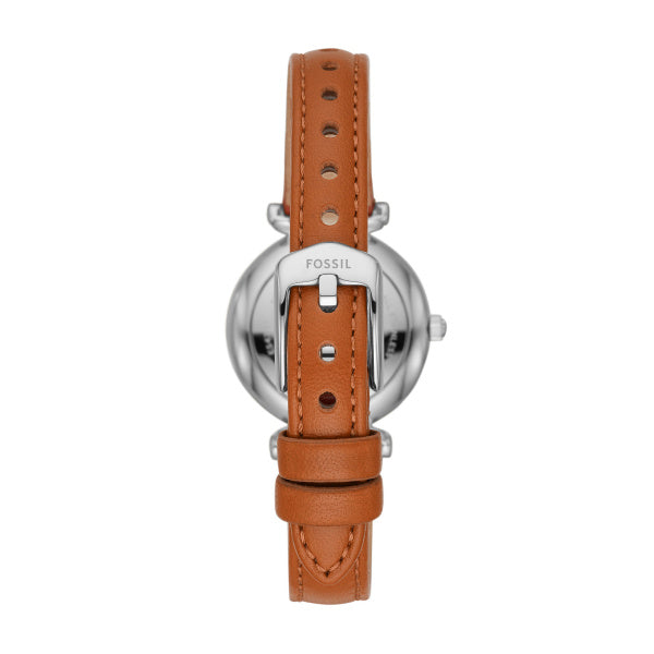 Fossil Carlie Quarz 28 MM Damenuhr in Silber Blau, Lederband - ES4701