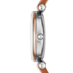 Fossil Carlie Quarz 28 MM Damenuhr in Silber Blau, Lederband - ES4701