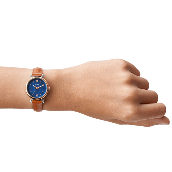 Fossil Carlie Quarz 28 MM Damenuhr in Silber Blau, Lederband - ES4701
