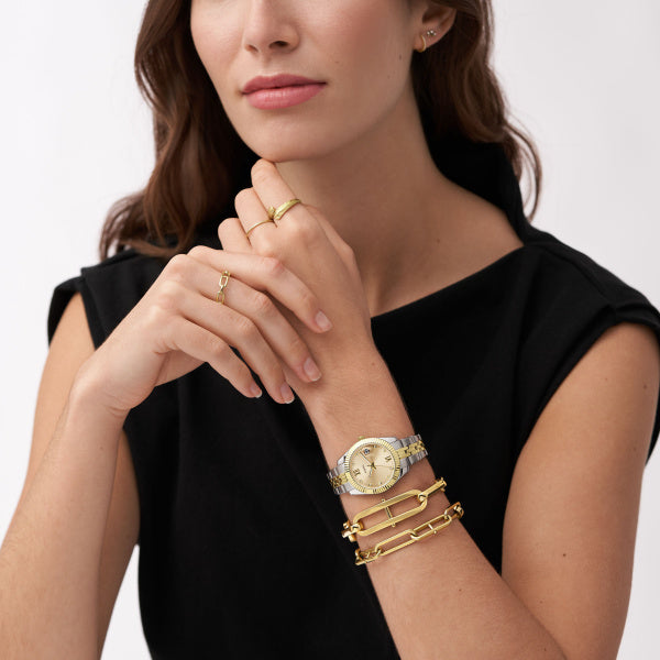 Fossil Scarlette Silber Gold 32mm 3-Zeiger Datum Damenuhr - ES4949
